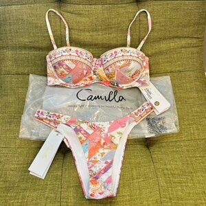 New!Set! Camilla Patchwork Floral Balconette Underwire Bikini Top/Bottom Small